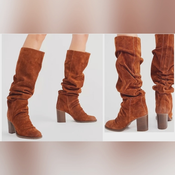 New Free People Elle Tall Slouch Boots Distressed Rust Suede Block Heel - Picture 1 of 8